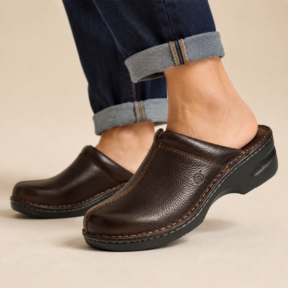 Born Leather Slide Mule Clogs Brown Slip On Comfort Wedge Casual Shoes Size 7